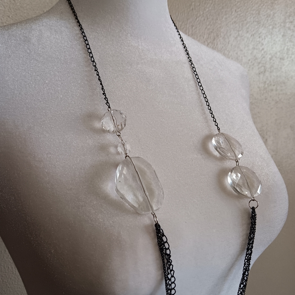 Silver & Clear Tone Beaded Chic Chain Necklace, Dainty Long Simple Minimalist - Picture 3 of 7